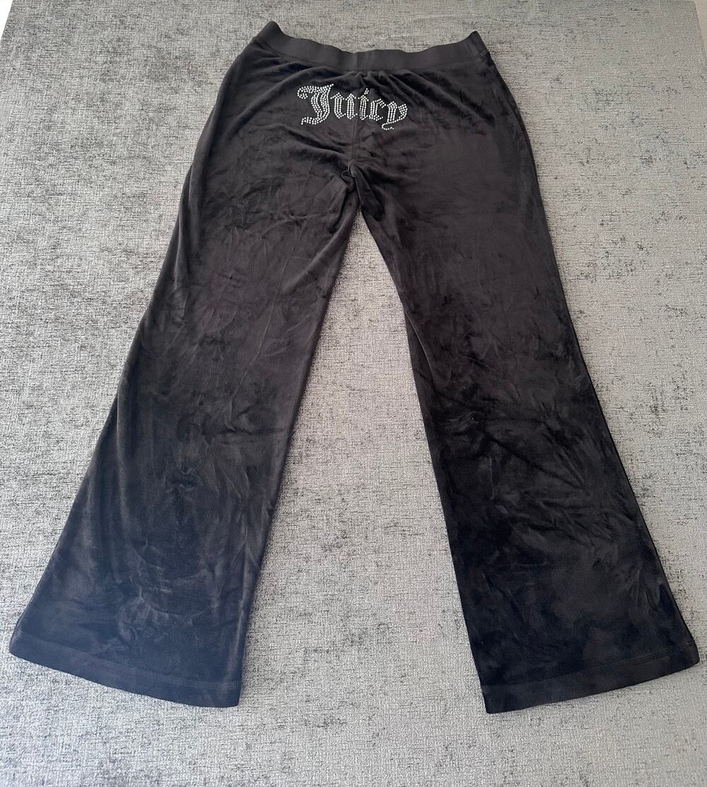 Juicy Couture Black Velour Track Pants Medium Rhinestone Gem Spellout Flare Y2K